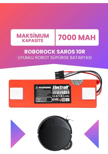 Roborock Saros 10R Uyumlu Batarya (Maksimum Kapasite) 7000MAH Kutulu Robot Süpürge Pil Değişimi
