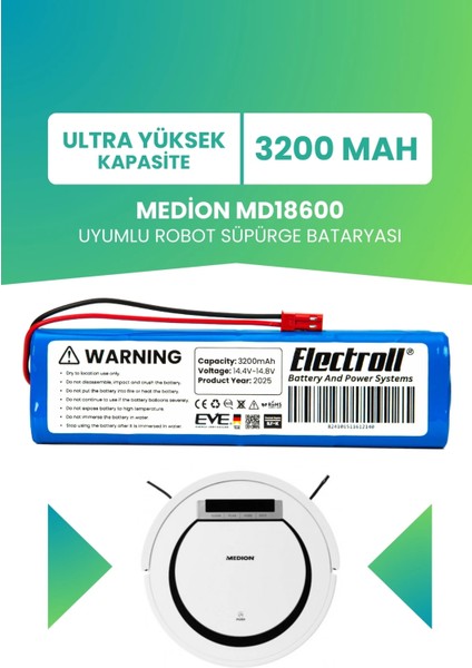 Medion MD18600 Uyumlu Batarya (Ultra Yüksek Kapasite) 3200MAH Pil Robot Süpürge Bataryası Değişimi