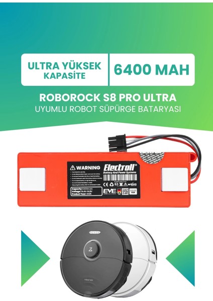 Roborock S8 Pro Ultra Uyumlu Batarya (Ultra Yüksek Kapasite) 6400MAH Robot Süpürge Bataryası