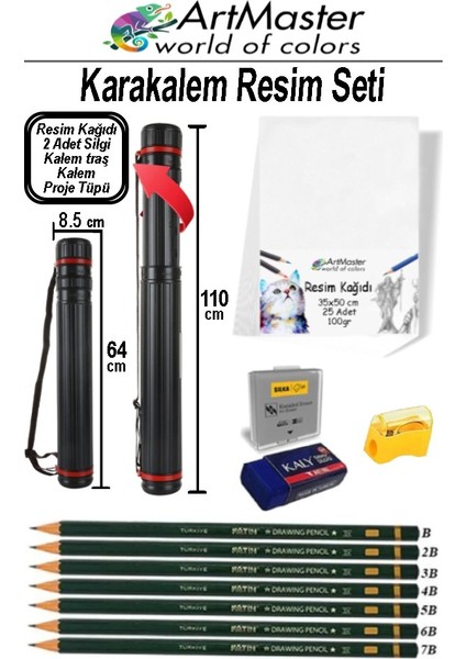 Karakalem Resim Seti Proje Tüpü Dar Bazuka 1 Adet 35X50 cm Resim Kağıdı 25 Li Dereceli Resim Kalemi Silindir Proje Tüpü