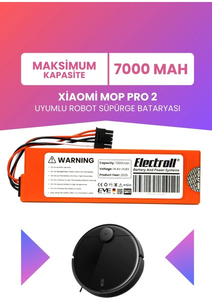 Xiaomi Mop Pro 2 Uyumlu Batarya (Maksimum Kapasite) 7000MAH Pil Robot Süpürge Bataryası Değişimi