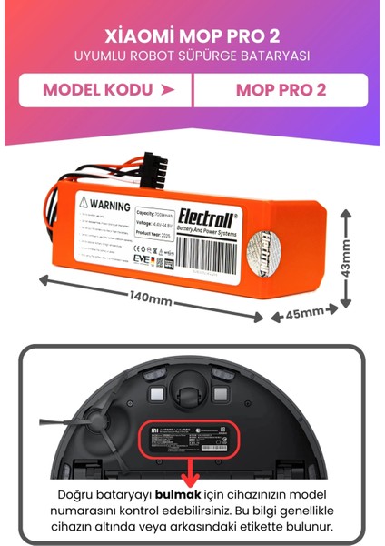 Xiaomi Mop Pro 2 Uyumlu Batarya (Maksimum Kapasite) 7000MAH Pil Robot Süpürge Bataryası Değişimi fiyatları