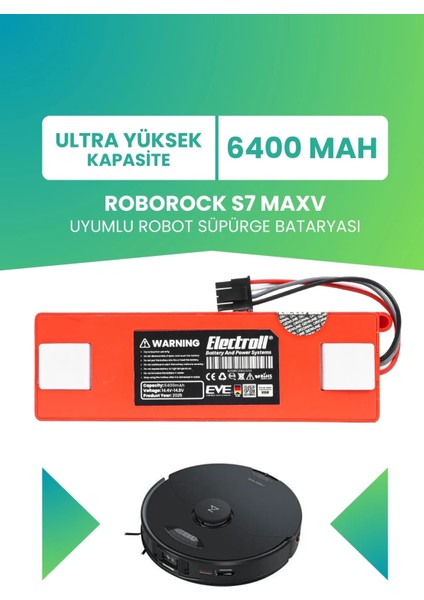 Roborock S7 Maxv Uyumlu Batarya (Ultra Yüksek Kapasite) 6400MAH Kutulu Robot Süpürge Pil Değişimi