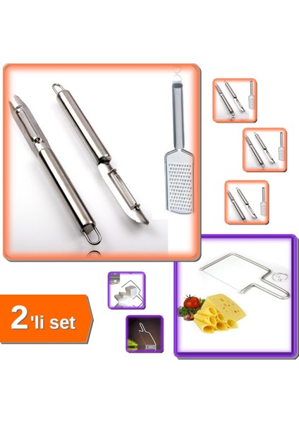 Soyacak ve Rende 2 Parça Paslanmaz Çelik Inox + Peynir Kesme Teli - 2li Set Y4TCYW