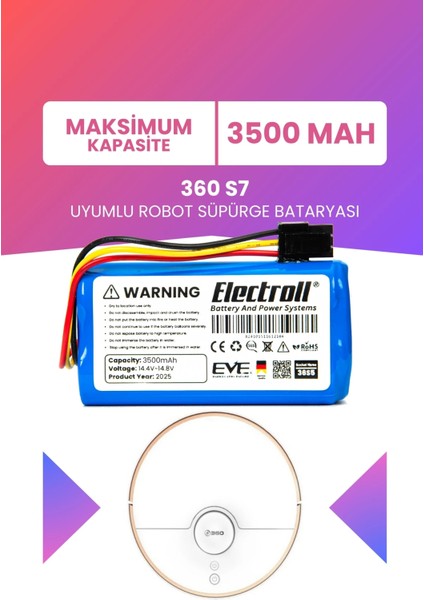 360 S7 Batarya (Maksimum Kapasite) 3500MAH Pil Akıllı Robot Süpürge Batarya Değişimi