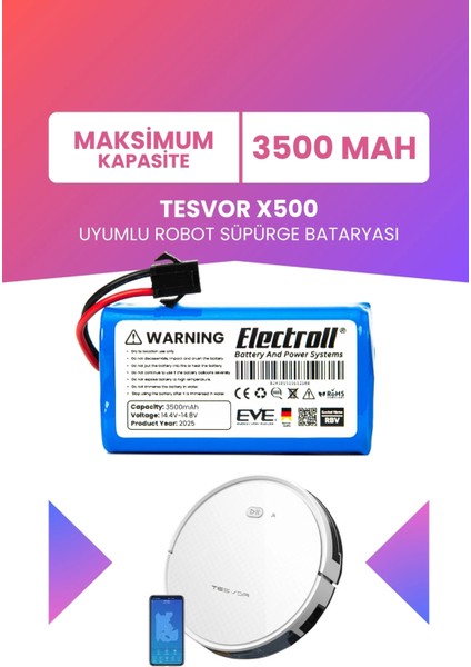 Tesvor X500 Uyumlu Batarya (Maksimum Kapasite) 3500MAH Pil Robot Süpürge Bataryası
