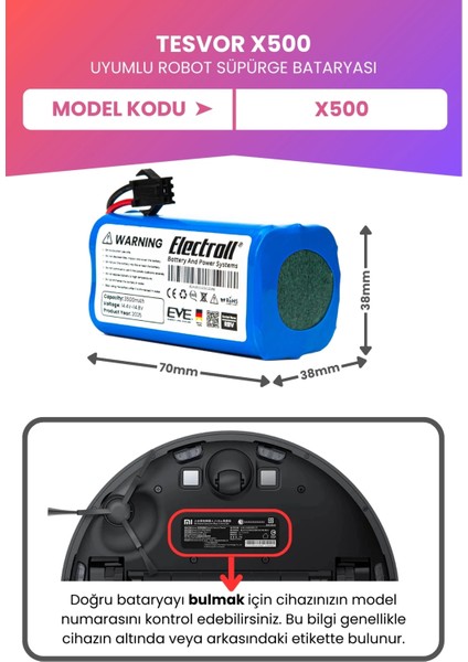 Tesvor X500 Uyumlu Batarya (Maksimum Kapasite) 3500MAH Pil Robot Süpürge Bataryası fiyatları