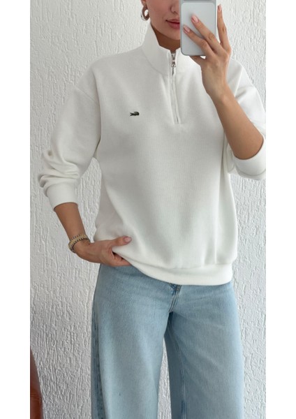 Fermuarlı Beyaz Selanik Sweat modelleri