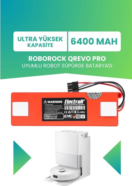 Roborock Qrevo Pro Uyumlu Batarya (Ultra Yüksek Kapasite) 6400MAH Pil Robot Süpürge Batarya Değişimi