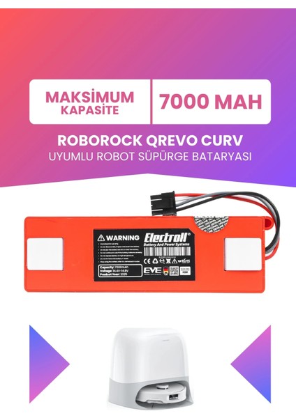 Roborock Qrevo Curv Uyumlu Batarya (Maksimum Kapasite) 7000MAH Kutulu Robot Süpürge Pil Değişimi