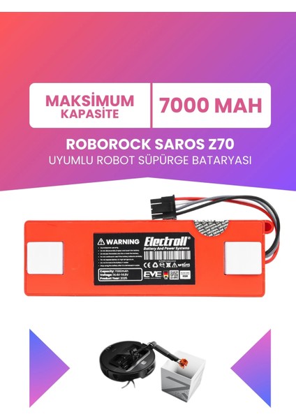 Roborock Saros Z70 Uyumlu Batarya (Maksimum Kapasite) 7000MAH Kutulu Robot Süpürge Pil Değişimi