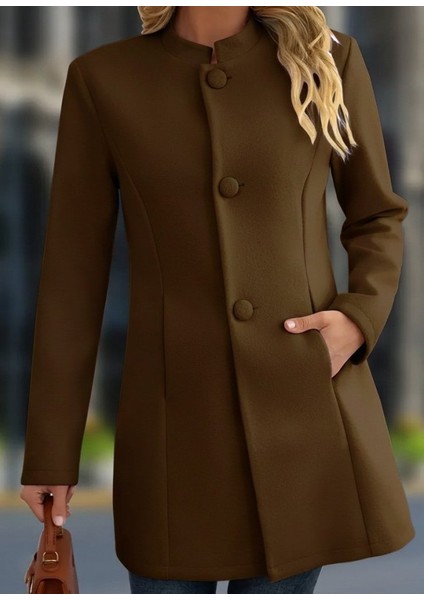 Kadın Uzun Kollu Hakim Yakalı Önden Düğmeli Cep Detaylı Kısa Taba Kaşe Kaban modelleri