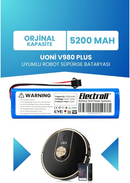 Uoni V980 Plus Uyumlu Batarya (Standart Kapasite) 5200MAH Pil Robot Süpürge Bataryası Değişimi