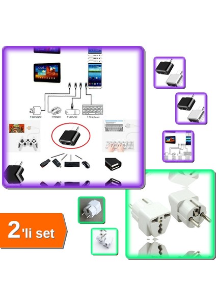 USB To Type C Dönüştürücü - Klavye Mouse + Yeni Model Seyahat Universal Çoklu Priz - 2li Set M8R7S1