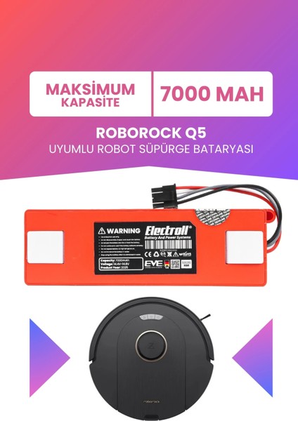 Roborock Q5 Uyumlu Batarya (Maksimum Kapasite) 7000MAH Kutulu Robot Süpürge Bataryası Değişimi