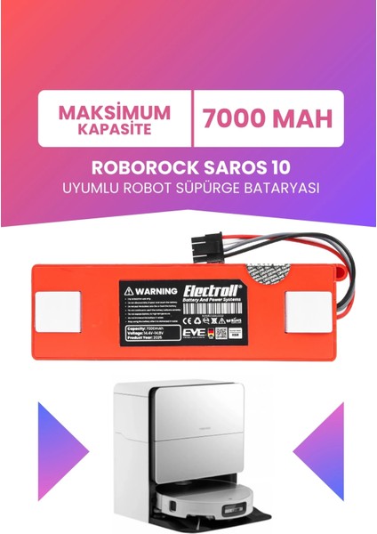 Roborock Saros 10 Uyumlu Batarya (Maksimum Kapasite) 7000MAH Kutulu Robot Süpürge Pil Değişimi