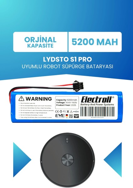 Lydsto S1 Pro Uyumlu Batarya (Standart Kapasite) 5200MAH Pil Robot Süpürge Bataryası Değişimi