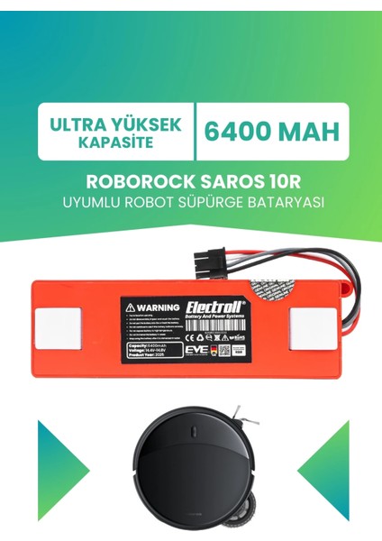Roborock Saros 10R Uyumlu Batarya (Ultra Yüksek Kapasite) 6400MAH Kutulu Robot Süpürge Pil Değişimi