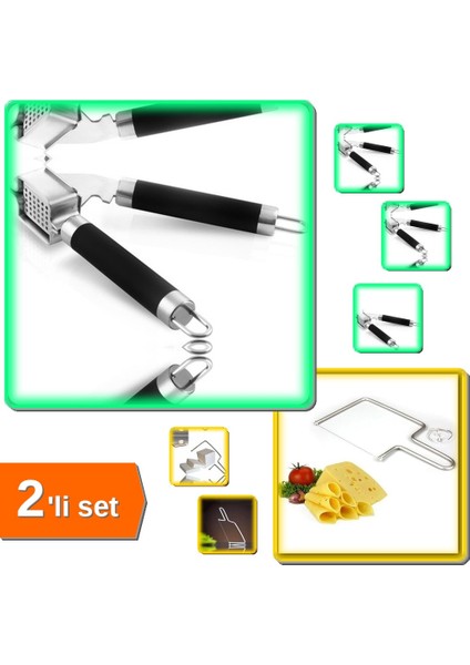 Lüx Çelik Sarımsak Ezici + Peynir Kesme Teli - Pratik Mutfak Aletleri - 2li Set M7K5H8