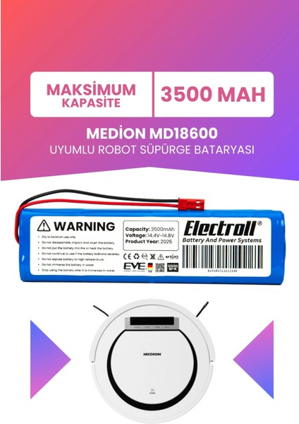 Medion MD18600 Uyumlu Batarya (Maksimum Kapasite) 3500MAH Pil Robot Süpürge Bataryası Değişimi