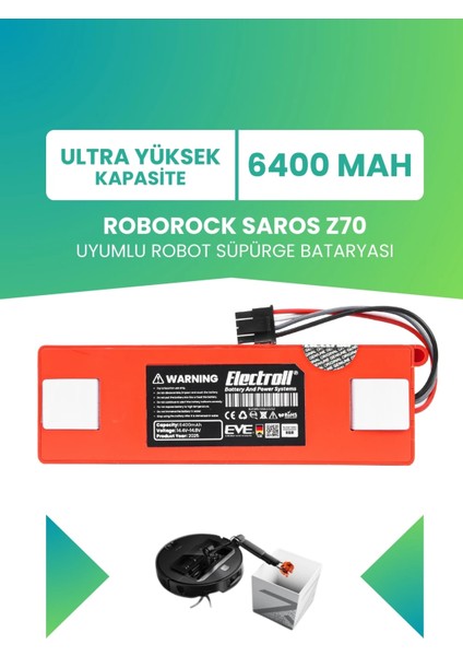 Roborock Saros Z70 Uyumlu Batarya (Ultra Yüksek Kapasite) 6400MAH Kutulu Robot Süpürge Pil Değişimi
