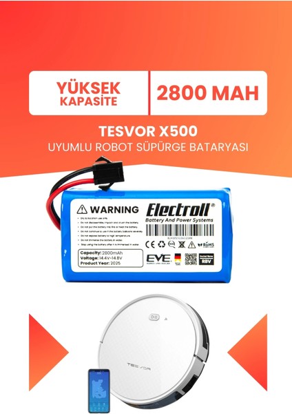 Tesvor X500 Uyumlu Batarya (Yüksek Kapasite) 2800MAH Pil Robot Süpürge Bataryası