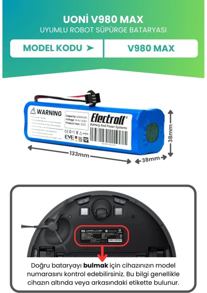 Uoni V980 Max Uyumlu Batarya (Ultra Yüksek Kapasite) 6400MAH Kutulu Robot Süpürge Pil Değişimi fiyatları