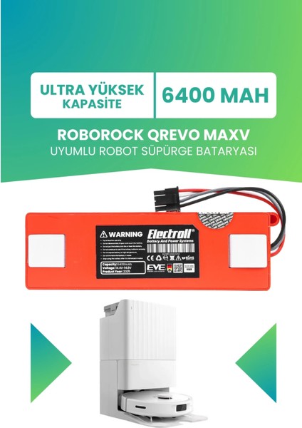 Roborock Qrevo Maxv Uyumlu Batarya (Ultra Yüksek Kapasite) 6400MAH Pil Robot Süpürge Bataryası