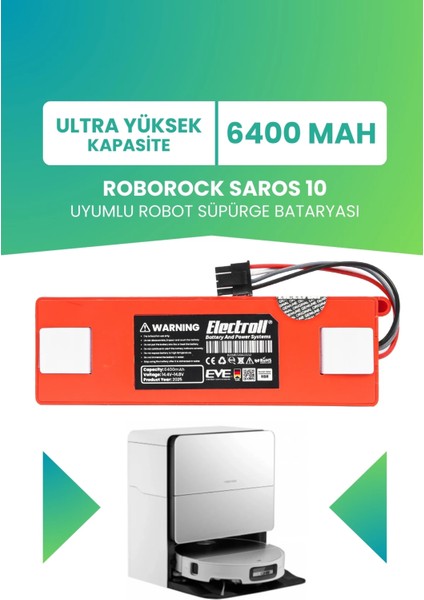 Roborock Saros 10 Uyumlu Batarya (Ultra Yüksek Kapasite) 6400MAH Kutulu Robot Süpürge Pil Değişimi