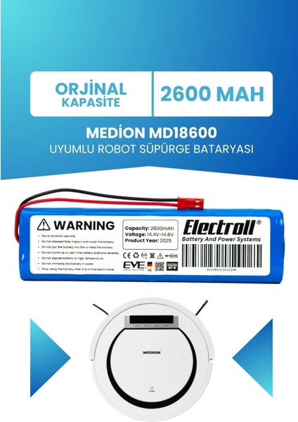 Medion MD18600 Uyumlu Batarya (Standart Kapasite) 2600MAH Pil Robot Süpürge Bataryası Değişimi