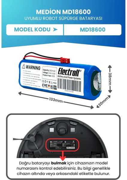 Medion MD18600 Uyumlu Batarya (Standart Kapasite) 2600MAH Pil Robot Süpürge Bataryası Değişimi fiyatları