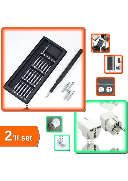 24 Parça Çok Fonksiyonlu Hassas Tornavida Seti + Yeni Seyahat Tipi Universal Adaptör - 2li Set E3S8C
