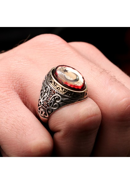 Ayyıldızlı Kasa Mikro Taş Süslemeli Gümüş Erkek Yüzük