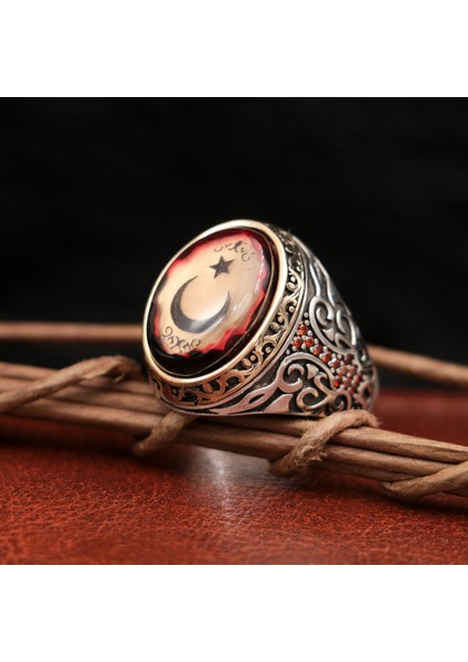 Ayyıldızlı Kasa Mikro Taş Süslemeli Gümüş Erkek Yüzük fırsatları