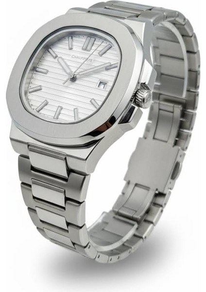 Patek Çelik Kasa Kordon Beyaz Kadran Erkek Kol Saati - Fosforlu, Takvimli, 1 Atm Su Geçirmez, Kelebek Klips