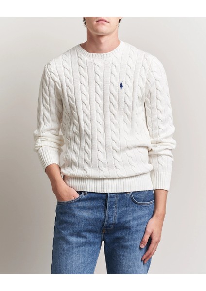 Erkek Örgü Dokulu Beyaz Triko Kazak