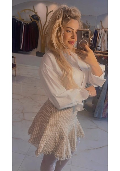 Kadın Tüvit Krem Kendinden Hafif Simli Kloş Premium Etek