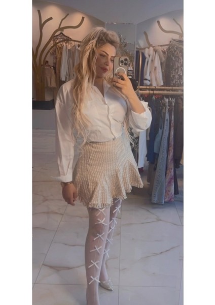 Kadın Tüvit Krem Kendinden Hafif Simli Kloş Premium Etek fiyatları