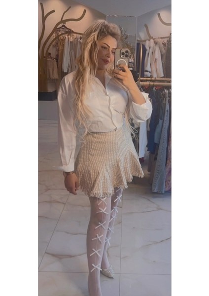 Kadın Tüvit Krem Kendinden Hafif Simli Kloş Premium Etek fırsatları