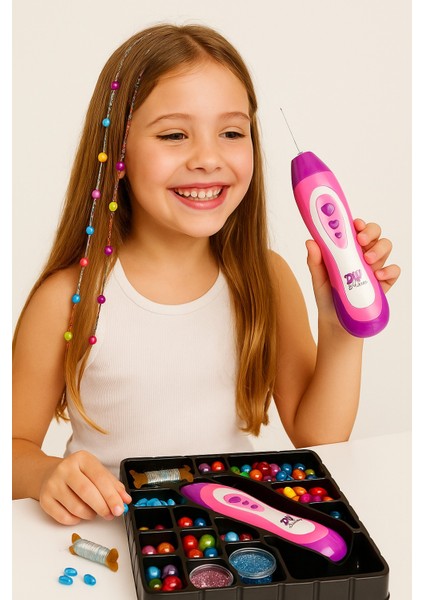 Renkli Boncuklu Saç Tasarım Makinesi Pretty Pinky Kız Çocuk Saç Süsleme Oyun Hobi Seti Eğlenceliyeni