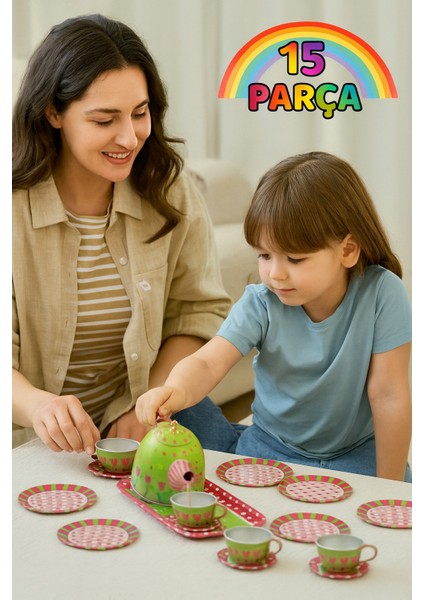 Metal 15 Parça Çay Takımı Evcilik Oyuncak Seti Kız Çocuk Yeşil Çiçek Desenli Oyun