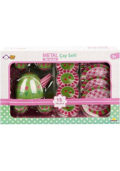Metal 15 Parça Çay Takımı Evcilik Oyuncak Seti Kız Çocuk Yeşil Çiçek Desenli Oyun indirimleri