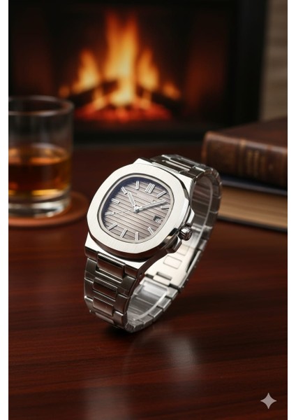 Kare Model Çelik Kasa Kordon Gri Kadran Erkek Kol Saati - Eşref Tek Saati, Fosforlu, Takvimli, 1 Atm Su Geçirmez, Kelebek Klips