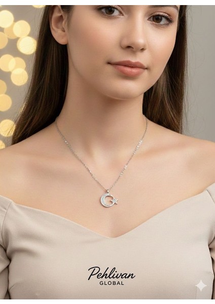 Ay Yıldız Model Gümüş Renk Çelik Kolye