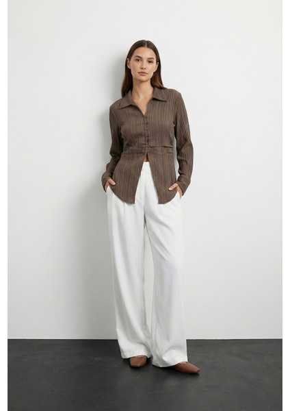 Kadın Düğmeli Bel Detaylı Gömlek Yaka Bluz