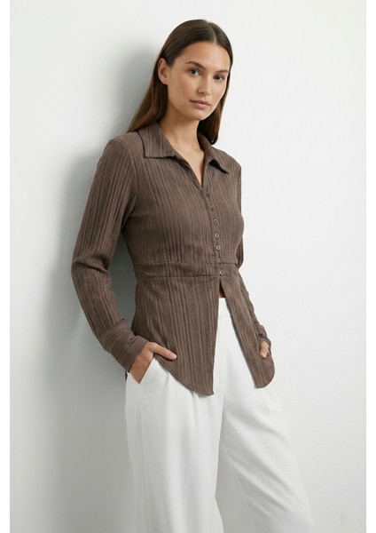 Kadın Düğmeli Bel Detaylı Gömlek Yaka Bluz modelleri