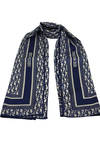 Vual Ipek Şal Dior Desen Lacivert Beyaz