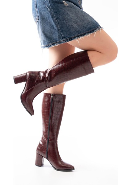 ZRİN-4422 Premium Sivri Burun Bordo Kroko Topuklu Fermuarlı Çizme fırsatları