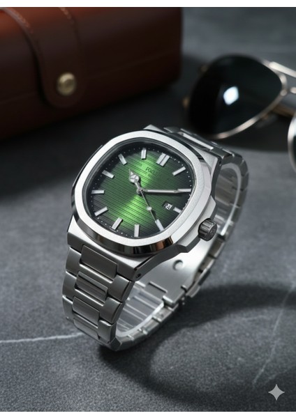 Gümüş Yeşil Kare Model Çelik Eşref Tek Su Geçirmez Erkek Saat