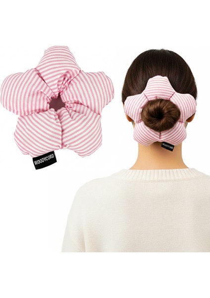 El Yapımı Çiçek Model Pofuduk Scrunchie Toka - Pembe Beyaz Çizgili